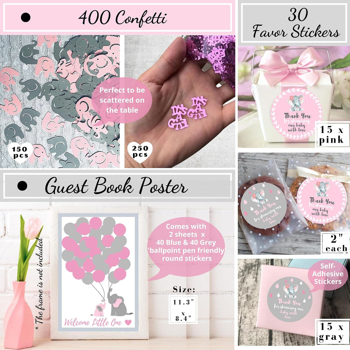 697 Pc Pink Elephant Baby Shower Decorations for Girl - Premium Set