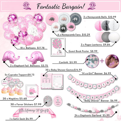 697 Pc Pink Elephant Baby Shower Decorations for Girl - Premium Set
