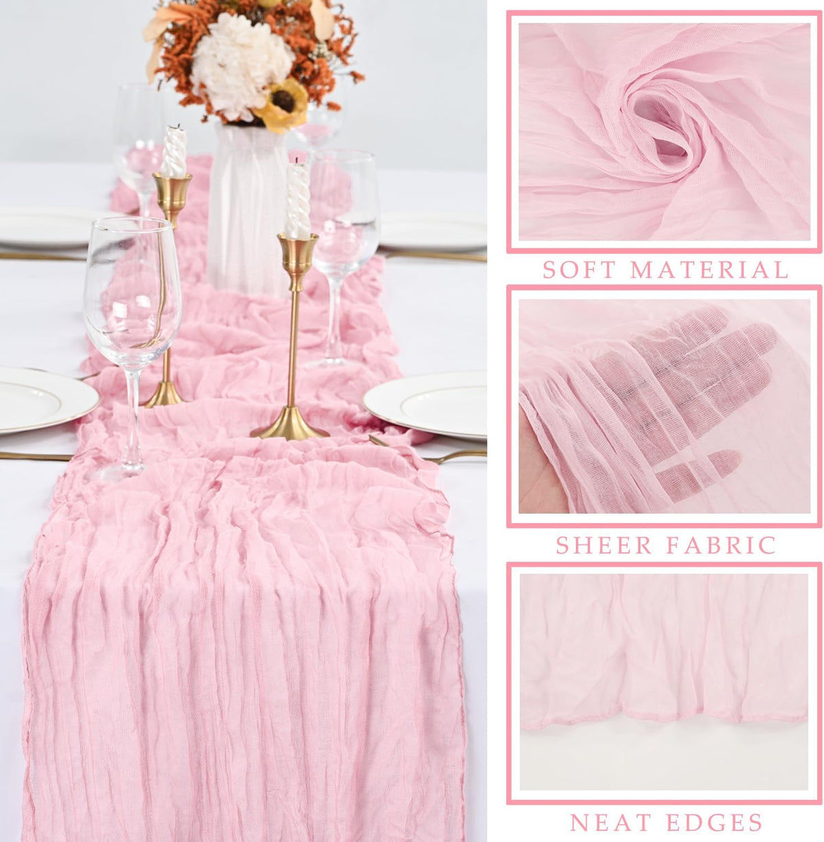 6 Pieces Light Pink Cheesecloth Table Runner 10FT Pink Runner for Tables Gauze Fabric Boho 35 x 120 Inches Long Table Runner Decoration Rustic Sheer Runner for Wedding Baby Birthday Party Light Pink