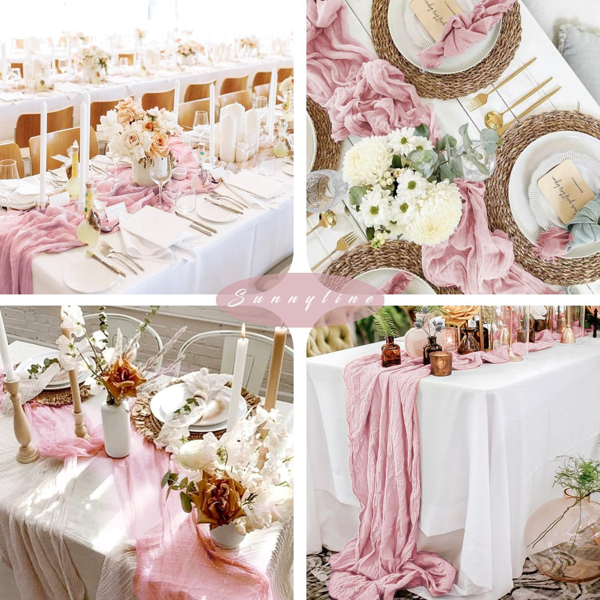 6 Pieces Light Pink Cheesecloth Table Runner 10FT Pink Runner for Tables Gauze Fabric Boho 35 x 120 Inches Long Table Runner Decoration Rustic Sheer Runner for Wedding Baby Birthday Party Light Pink