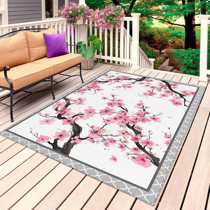 Outdoor Rug 4' x 6', Spring Pink Flowers Large Carpet Area Rugs for Patio, RV, Deck, Botanical Peach Blossoms Floral Water Absorption Camping Rug, Lightweight Washable Rugs Runner
