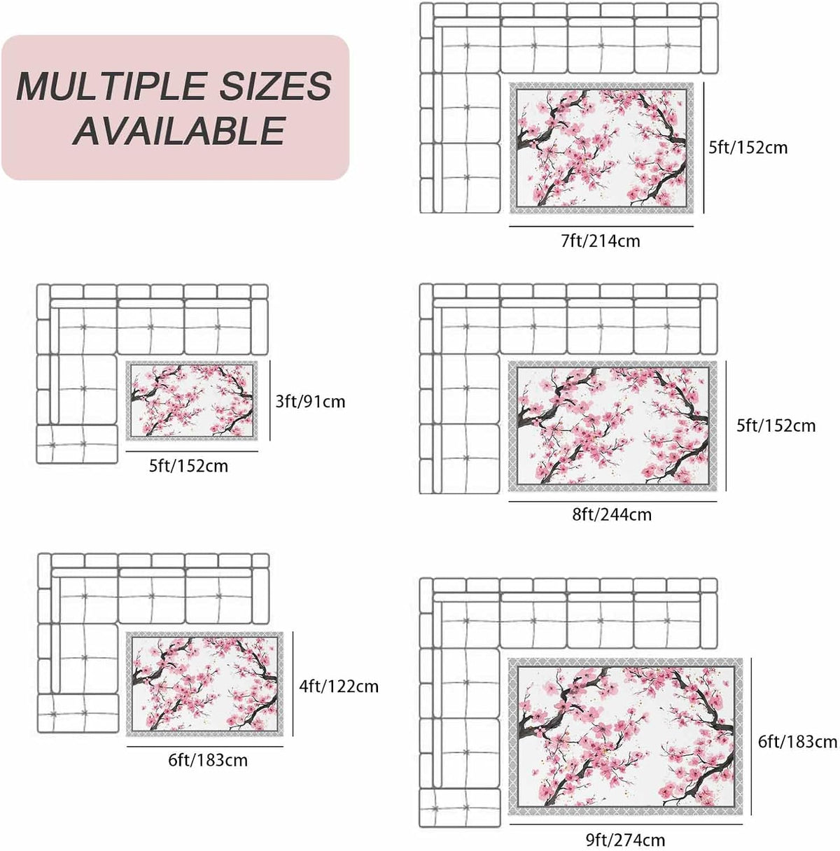 Outdoor Rug 4' x 6', Spring Pink Flowers Large Carpet Area Rugs for Patio, RV, Deck, Botanical Peach Blossoms Floral Water Absorption Camping Rug, Lightweight Washable Rugs Runner