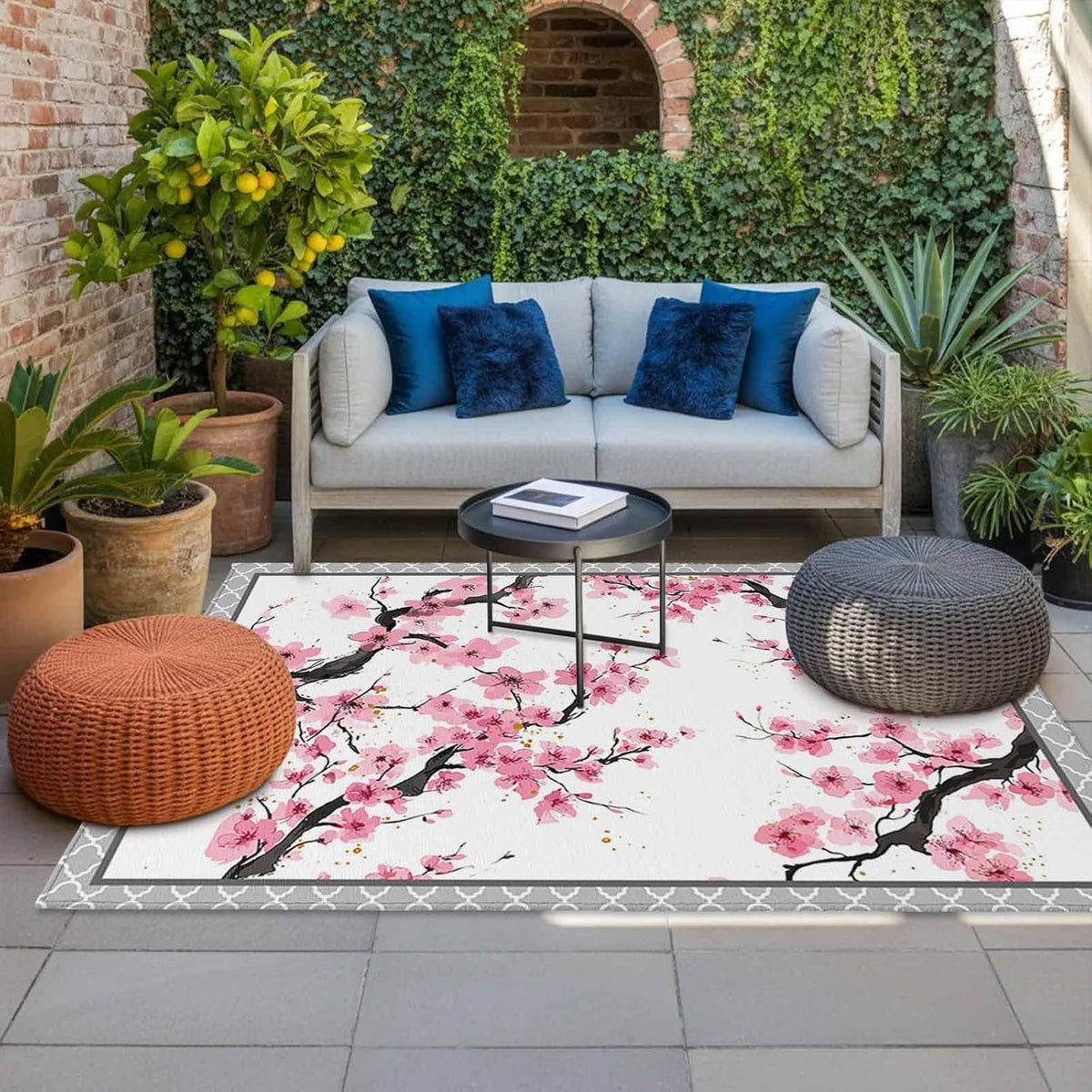Outdoor Rug 4' x 6', Spring Pink Flowers Large Carpet Area Rugs for Patio, RV, Deck, Botanical Peach Blossoms Floral Water Absorption Camping Rug, Lightweight Washable Rugs Runner