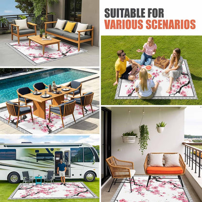 Outdoor Rug 4' x 6', Spring Pink Flowers Large Carpet Area Rugs for Patio, RV, Deck, Botanical Peach Blossoms Floral Water Absorption Camping Rug, Lightweight Washable Rugs Runner