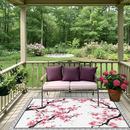 Outdoor Rug 4' x 6', Spring Pink Flowers Large Carpet Area Rugs for Patio, RV, Deck, Botanical Peach Blossoms Floral Water Absorption Camping Rug, Lightweight Washable Rugs Runner