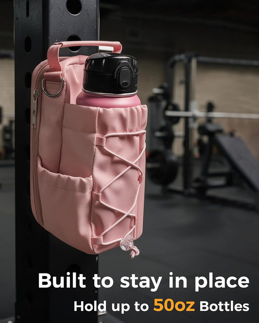 Magnetic Gym Bag for Men Women-Water Bottle Carrier Holder with Strap & Phone Pockets for 40oz Tumbler with Handle, 4 Built-in Magnets Small Gym Bag for Sports, (Pink)