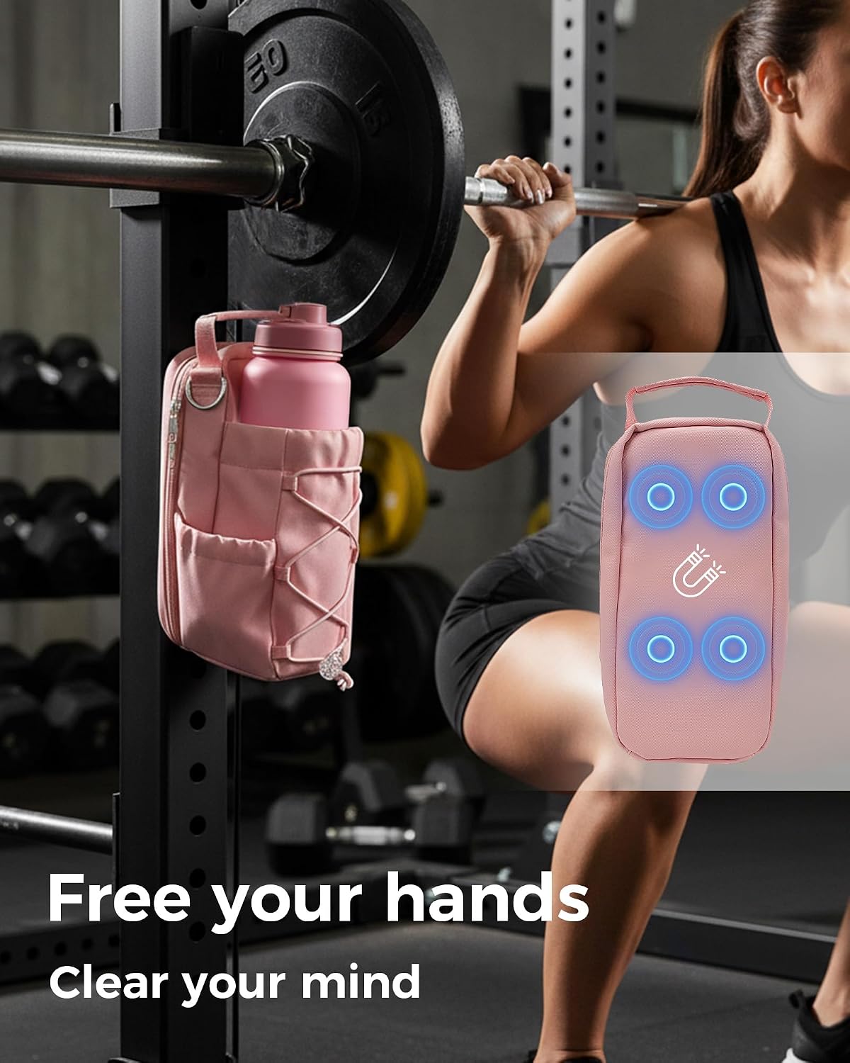 Magnetic Gym Bag for Men Women-Water Bottle Carrier Holder with Strap & Phone Pockets for 40oz Tumbler with Handle, 4 Built-in Magnets Small Gym Bag for Sports, (Pink)