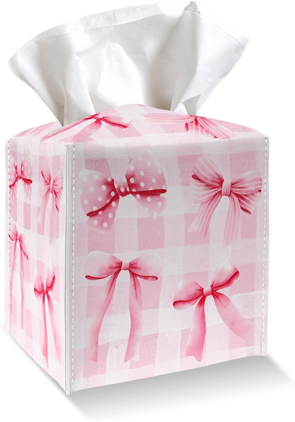 Tissue Box Cover Holder - Pink Bows Checkerboard PU Leather Tissue Box Cover with Bottom Belt, Square Facial Paper Organizer for Tabletop, Bathroom, Kitchen, Car & Office -046