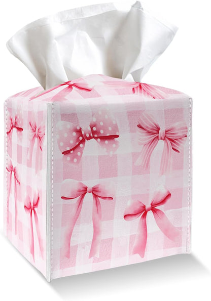 Tissue Box Cover Holder - Pink Bows Checkerboard PU Leather Tissue Box Cover with Bottom Belt, Square Facial Paper Organizer for Tabletop, Bathroom, Kitchen, Car & Office -046