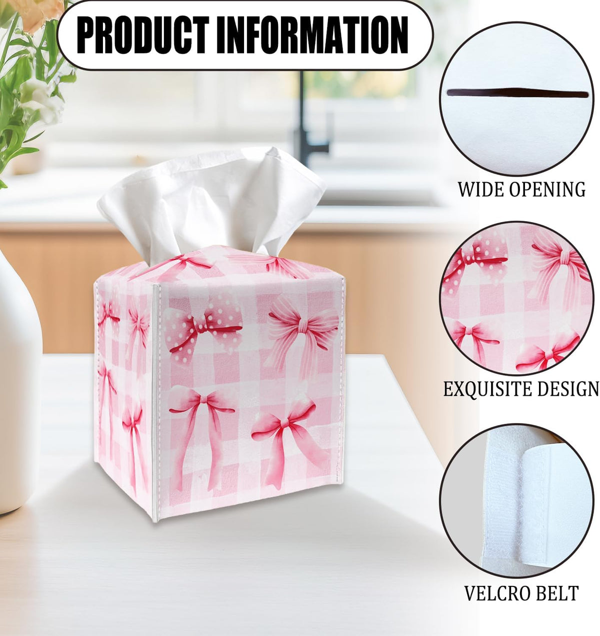 Tissue Box Cover Holder - Pink Bows Checkerboard PU Leather Tissue Box Cover with Bottom Belt, Square Facial Paper Organizer for Tabletop, Bathroom, Kitchen, Car & Office -046
