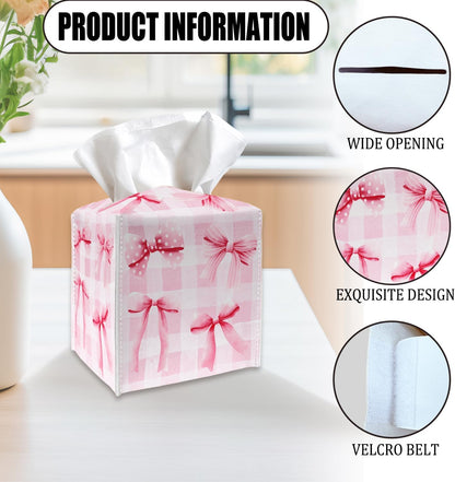 Tissue Box Cover Holder - Pink Bows Checkerboard PU Leather Tissue Box Cover with Bottom Belt, Square Facial Paper Organizer for Tabletop, Bathroom, Kitchen, Car & Office -046
