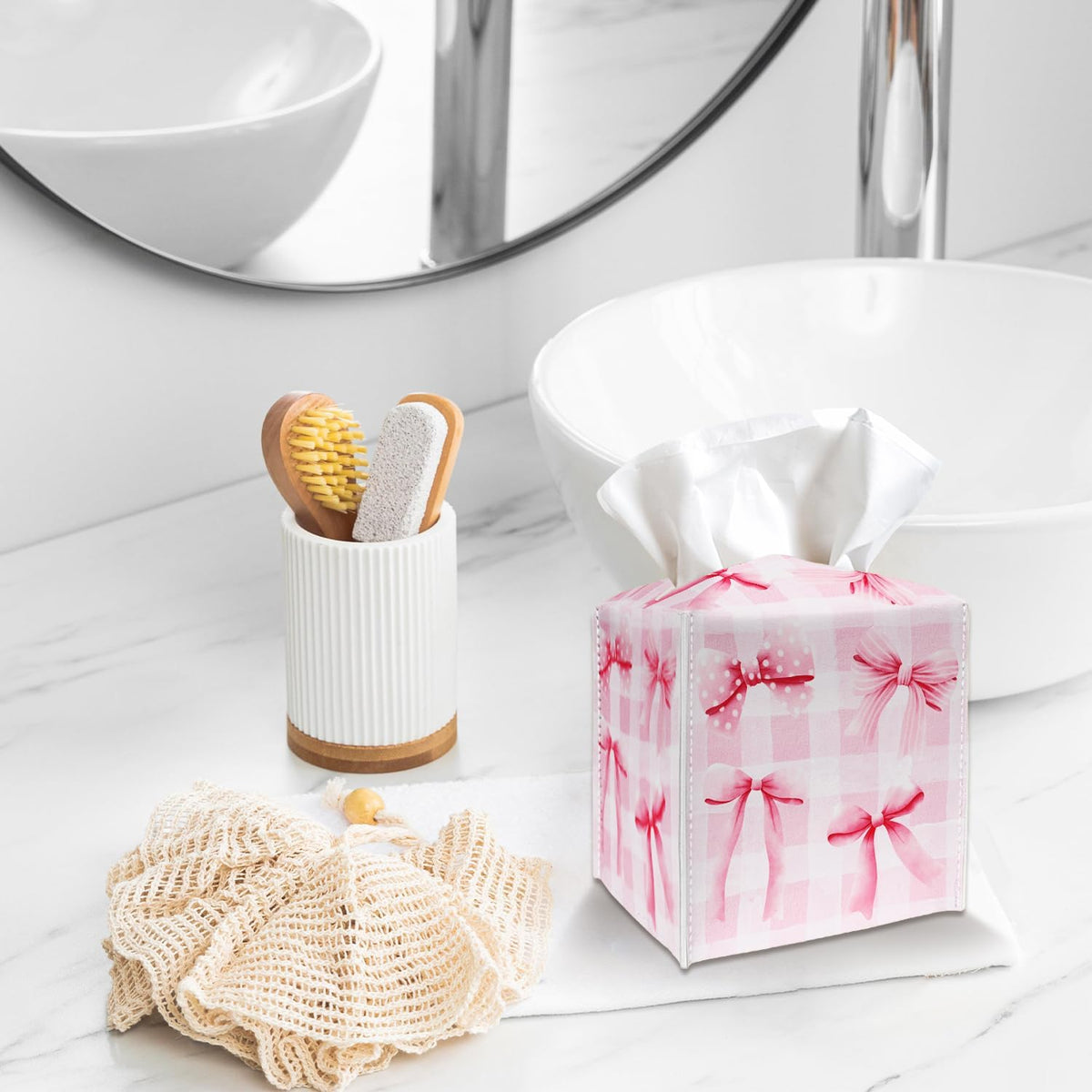 Tissue Box Cover Holder - Pink Bows Checkerboard PU Leather Tissue Box Cover with Bottom Belt, Square Facial Paper Organizer for Tabletop, Bathroom, Kitchen, Car & Office -046