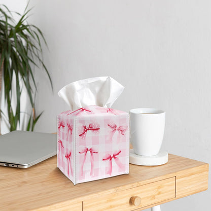 Tissue Box Cover Holder - Pink Bows Checkerboard PU Leather Tissue Box Cover with Bottom Belt, Square Facial Paper Organizer for Tabletop, Bathroom, Kitchen, Car & Office -046