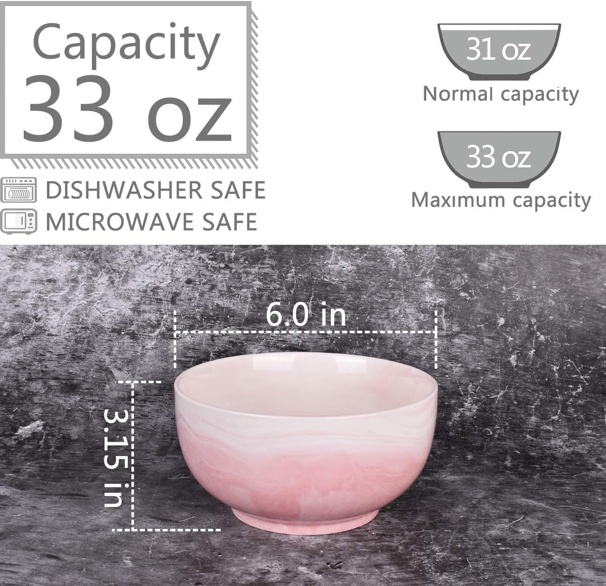 Marbling Ceramic Soup Bowl Set of 4, 33 Oz, Dishwasher and Microwave Safe (33 Oz, A-Pink Marbling)