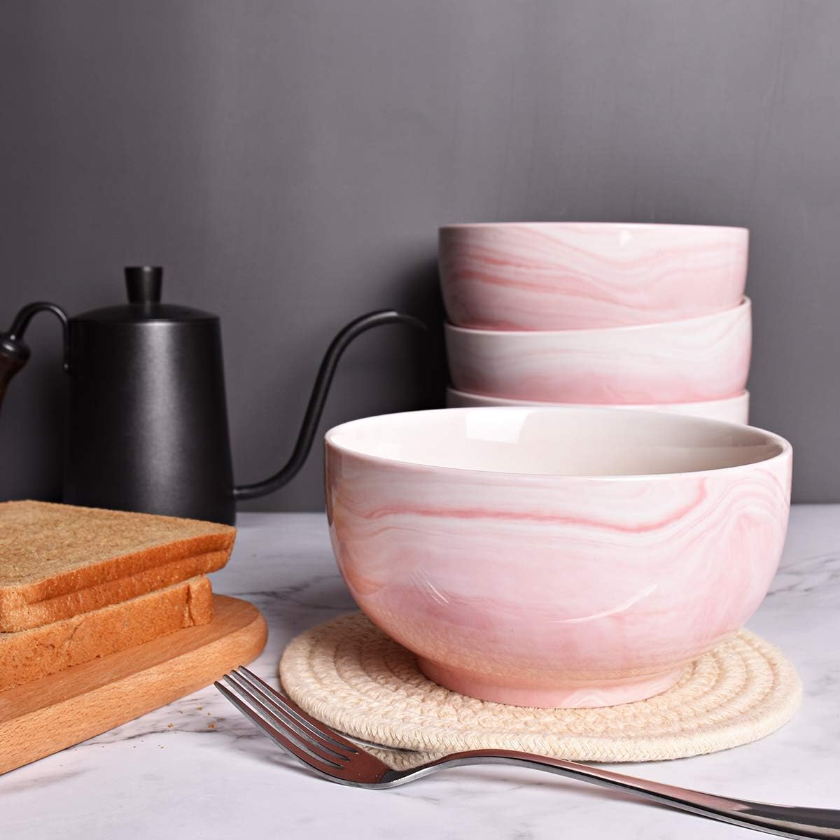 Marbling Ceramic Soup Bowl Set of 4, 33 Oz, Dishwasher and Microwave Safe (33 Oz, A-Pink Marbling)