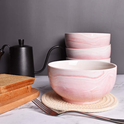 Marbling Ceramic Soup Bowl Set of 4, 33 Oz, Dishwasher and Microwave Safe (33 Oz, A-Pink Marbling)