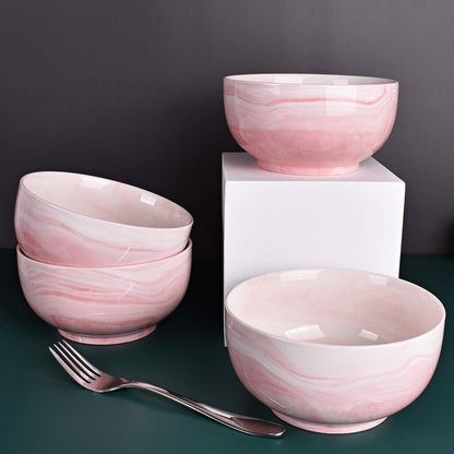 Marbling Ceramic Soup Bowl Set of 4, 33 Oz, Dishwasher and Microwave Safe (33 Oz, A-Pink Marbling)