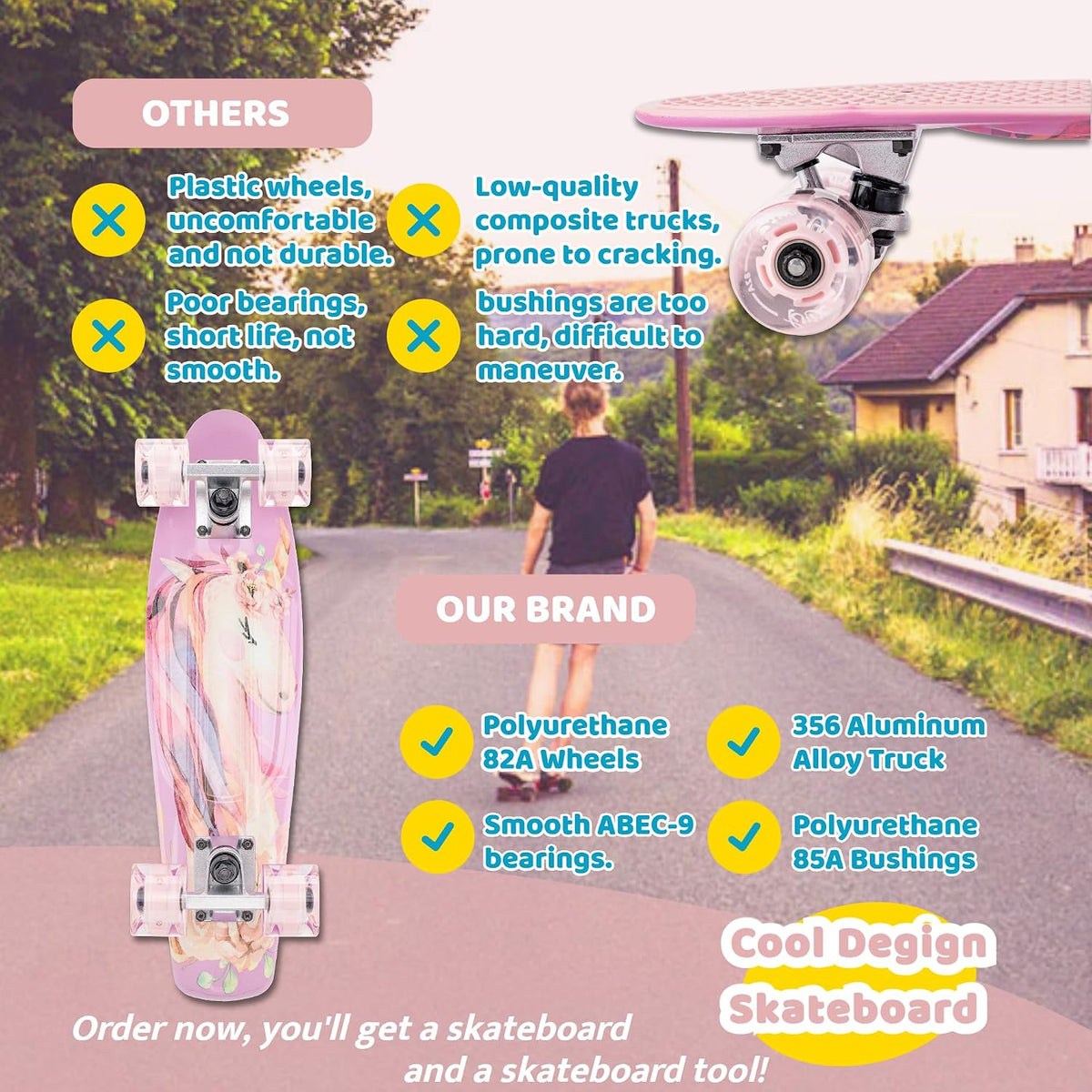 Classic Retro Mini Cruiser Skateboard for Kids, Teens, Adults
