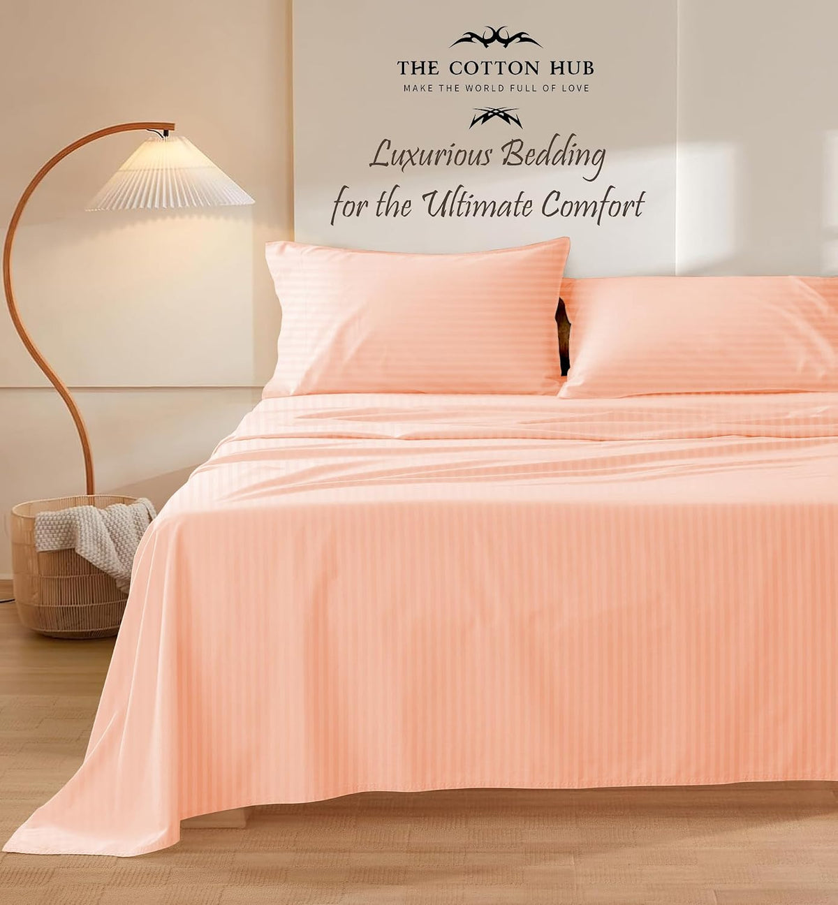 Standard/Queen (21"x32") Size Soft, Cooling Set of 2 Pillow Cases 1000 Thread Count 100% Pure Cotton Pillow Cases, Fits Standard & Queen Size Pillows (Stripe, Peach)