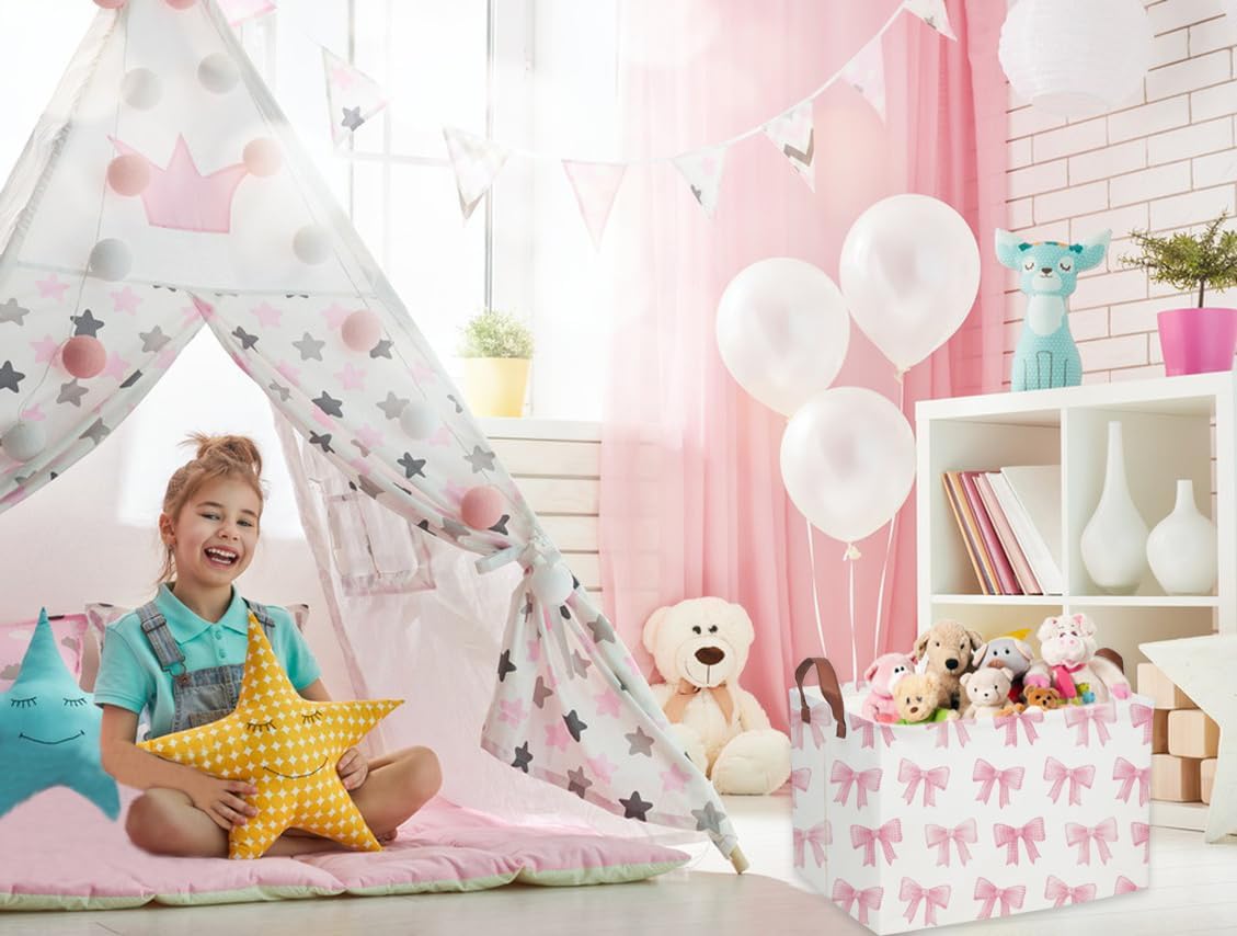 Sanjiaofeng Rectangular Kids Basket Pink Storage Bins,Girls Storage Baskets with Handles.Clothers,Toys,Books,Kid's Gifts Storage. (Pink Bowknot)