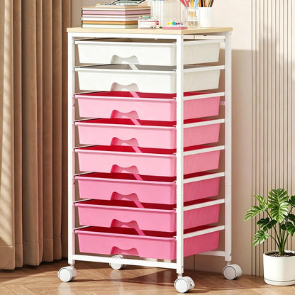 Rolling Cart with 8 Drawers for Art, Dorm, Office, Craft, Pink