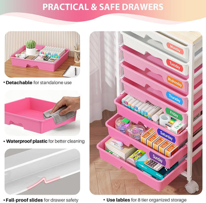Rolling Cart with 8 Drawers for Art, Dorm, Office, Craft, Pink