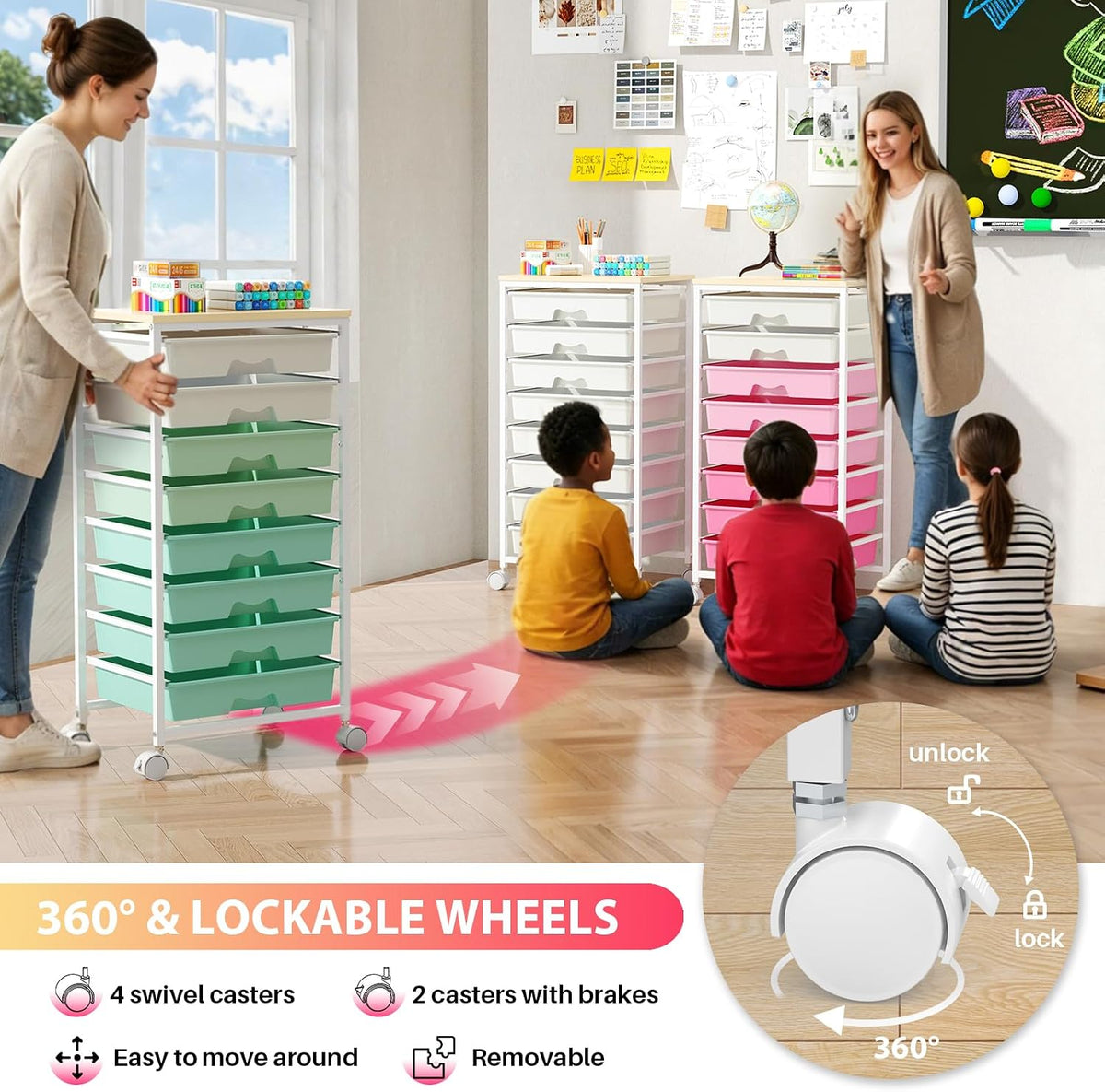 Rolling Cart with 8 Drawers for Art, Dorm, Office, Craft, Pink