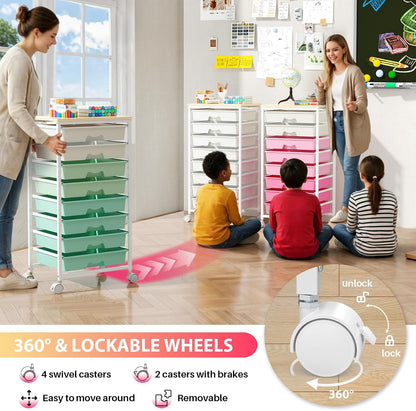 Rolling Cart with 8 Drawers for Art, Dorm, Office, Craft, Pink