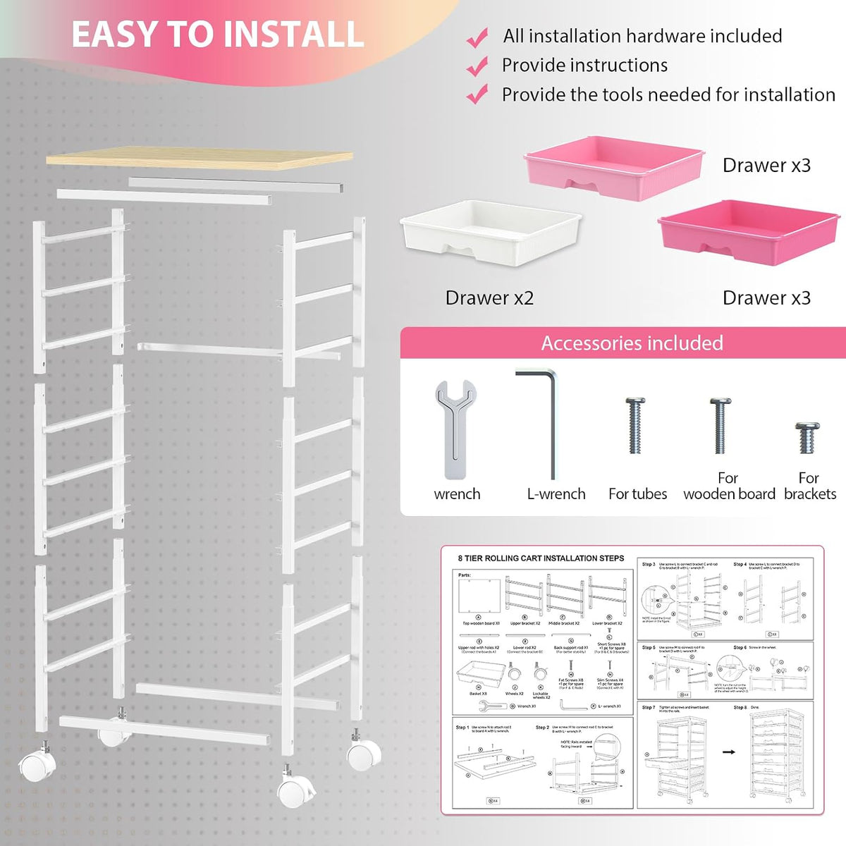 Rolling Cart with 8 Drawers for Art, Dorm, Office, Craft, Pink