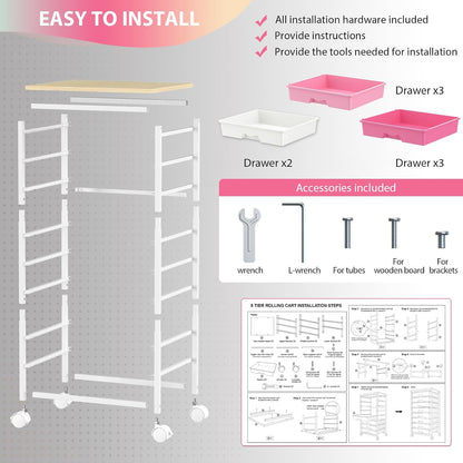 Rolling Cart with 8 Drawers for Art, Dorm, Office, Craft, Pink