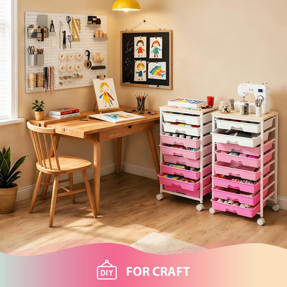 Rolling Cart with 8 Drawers for Art, Dorm, Office, Craft, Pink