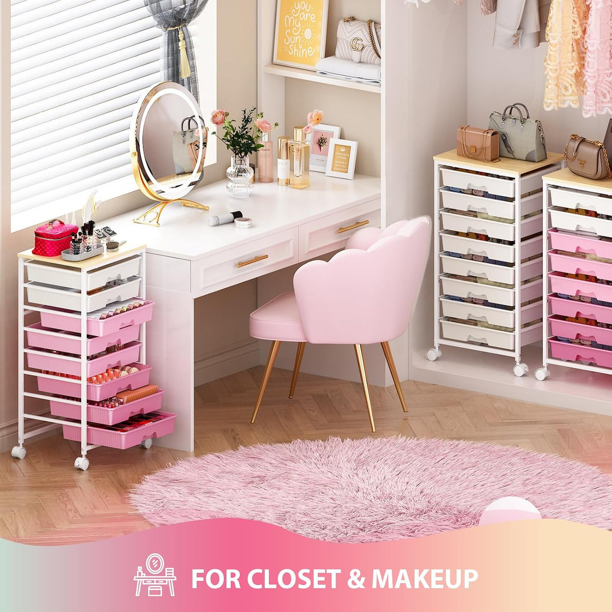 Rolling Cart with 8 Drawers for Art, Dorm, Office, Craft, Pink