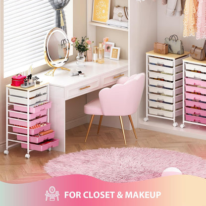 Rolling Cart with 8 Drawers for Art, Dorm, Office, Craft, Pink