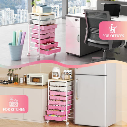 Rolling Cart with 8 Drawers for Art, Dorm, Office, Craft, Pink