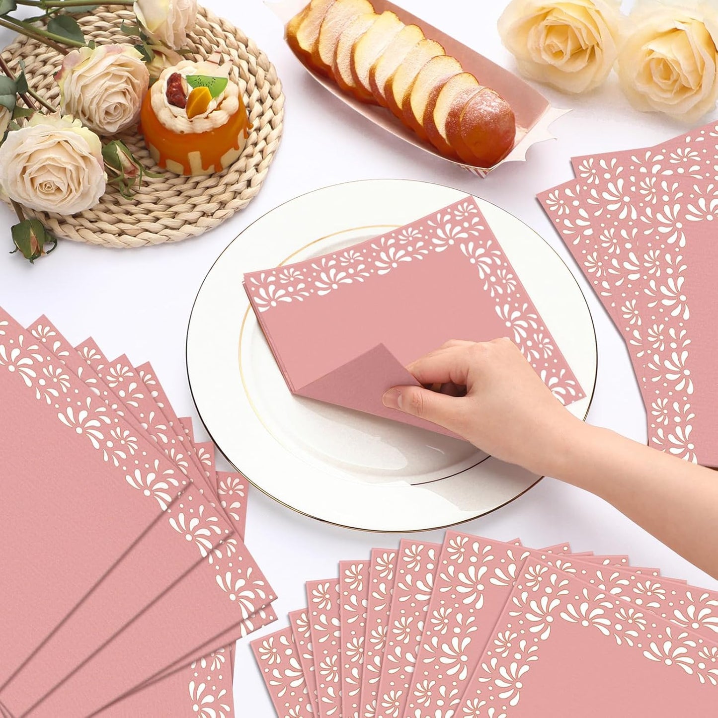 AmazingSpark 100 Pcs Mexican Cielito Lindo Disposable Paper Napkins, Brown Clay Floral Cocktail Napkins, Fiesta Party Decorations for Baby Shower, Wedding, Birthday, Cinco De Mayo(Minimalist,Pink)