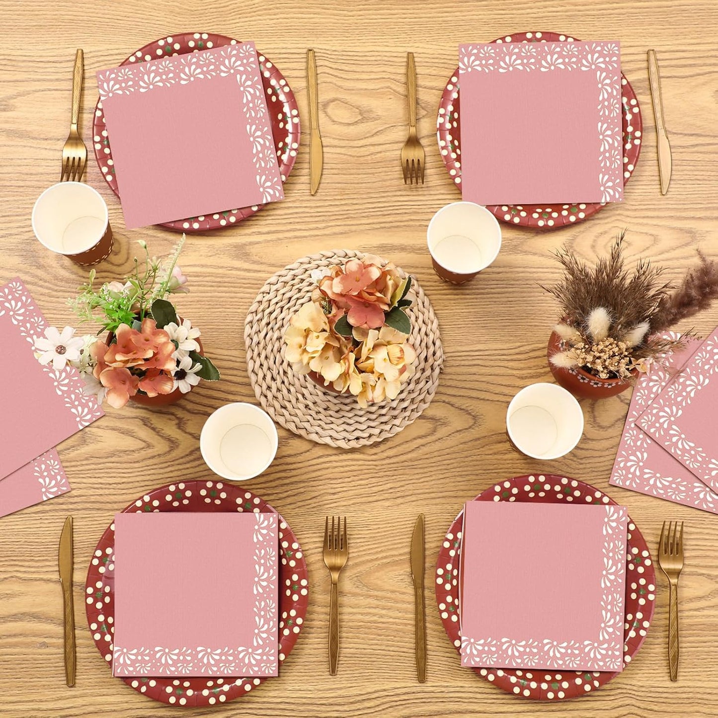 AmazingSpark 100 Pcs Mexican Cielito Lindo Disposable Paper Napkins, Brown Clay Floral Cocktail Napkins, Fiesta Party Decorations for Baby Shower, Wedding, Birthday, Cinco De Mayo(Minimalist,Pink)