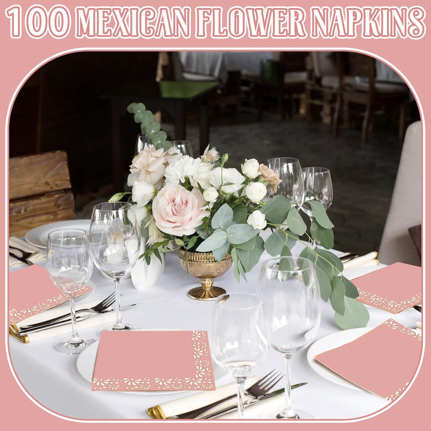 AmazingSpark 100 Pcs Mexican Cielito Lindo Disposable Paper Napkins, Brown Clay Floral Cocktail Napkins, Fiesta Party Decorations for Baby Shower, Wedding, Birthday, Cinco De Mayo(Minimalist,Pink)
