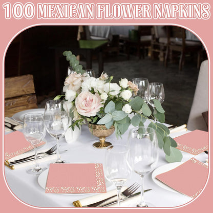 AmazingSpark 100 Pcs Mexican Cielito Lindo Disposable Paper Napkins, Brown Clay Floral Cocktail Napkins, Fiesta Party Decorations for Baby Shower, Wedding, Birthday, Cinco De Mayo(Minimalist,Pink)
