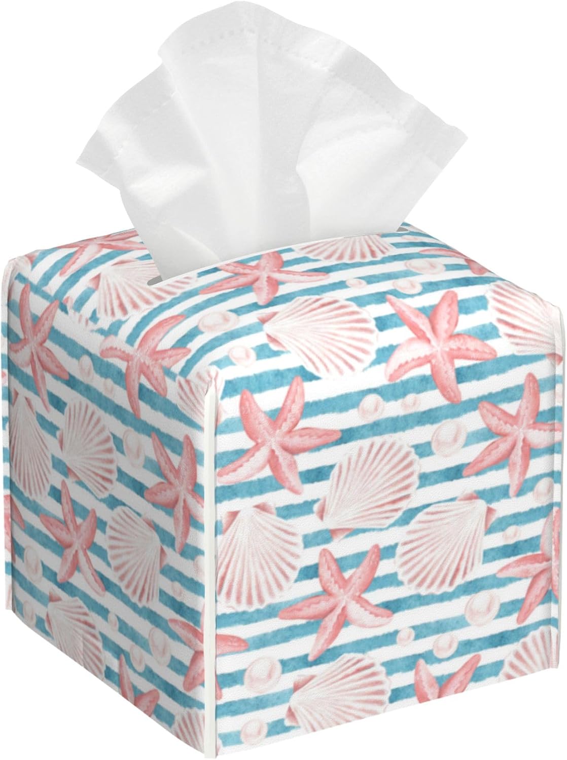 Tissue Box Holder Pink Seashells and Starfish Tissue Box Cover Square Leather Tissue Holder Organizer Portable Decorative Facial Paper Case for Home Office Bathroom Vanity Countertop