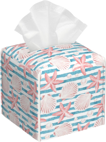 Tissue Box Holder Pink Seashells and Starfish Tissue Box Cover Square Leather Tissue Holder Organizer Portable Decorative Facial Paper Case for Home Office Bathroom Vanity Countertop