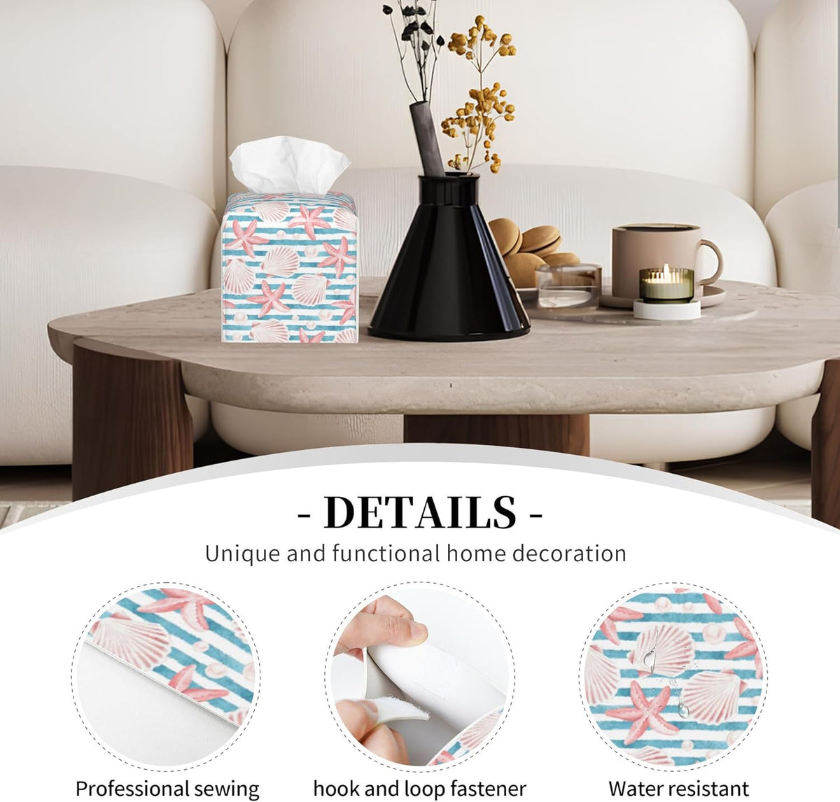 Tissue Box Holder Pink Seashells and Starfish Tissue Box Cover Square Leather Tissue Holder Organizer Portable Decorative Facial Paper Case for Home Office Bathroom Vanity Countertop