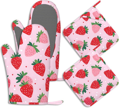 Pink Cute Strawberry Potholders & Oven Mitts Sets Summer Fruits Silicone Heat Resistant Oven Mits and Hot Pads Non-Slip Pot Holders Gloves for Kitchen Chef Cooking Baking Grilling BBQ