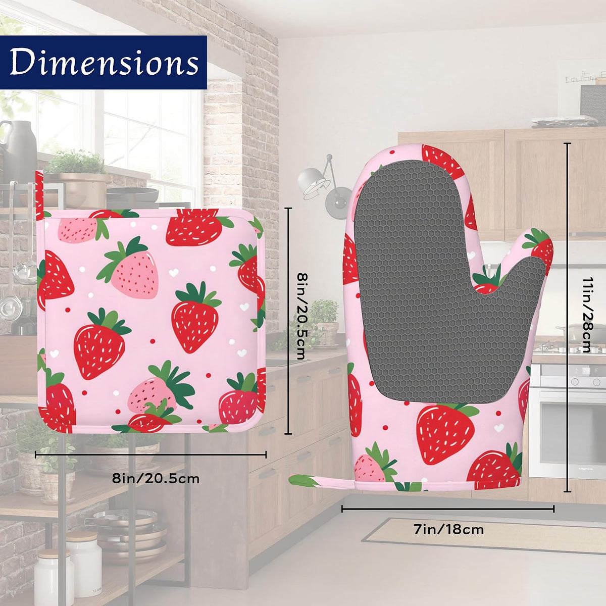 Pink Cute Strawberry Potholders & Oven Mitts Sets Summer Fruits Silicone Heat Resistant Oven Mits and Hot Pads Non-Slip Pot Holders Gloves for Kitchen Chef Cooking Baking Grilling BBQ