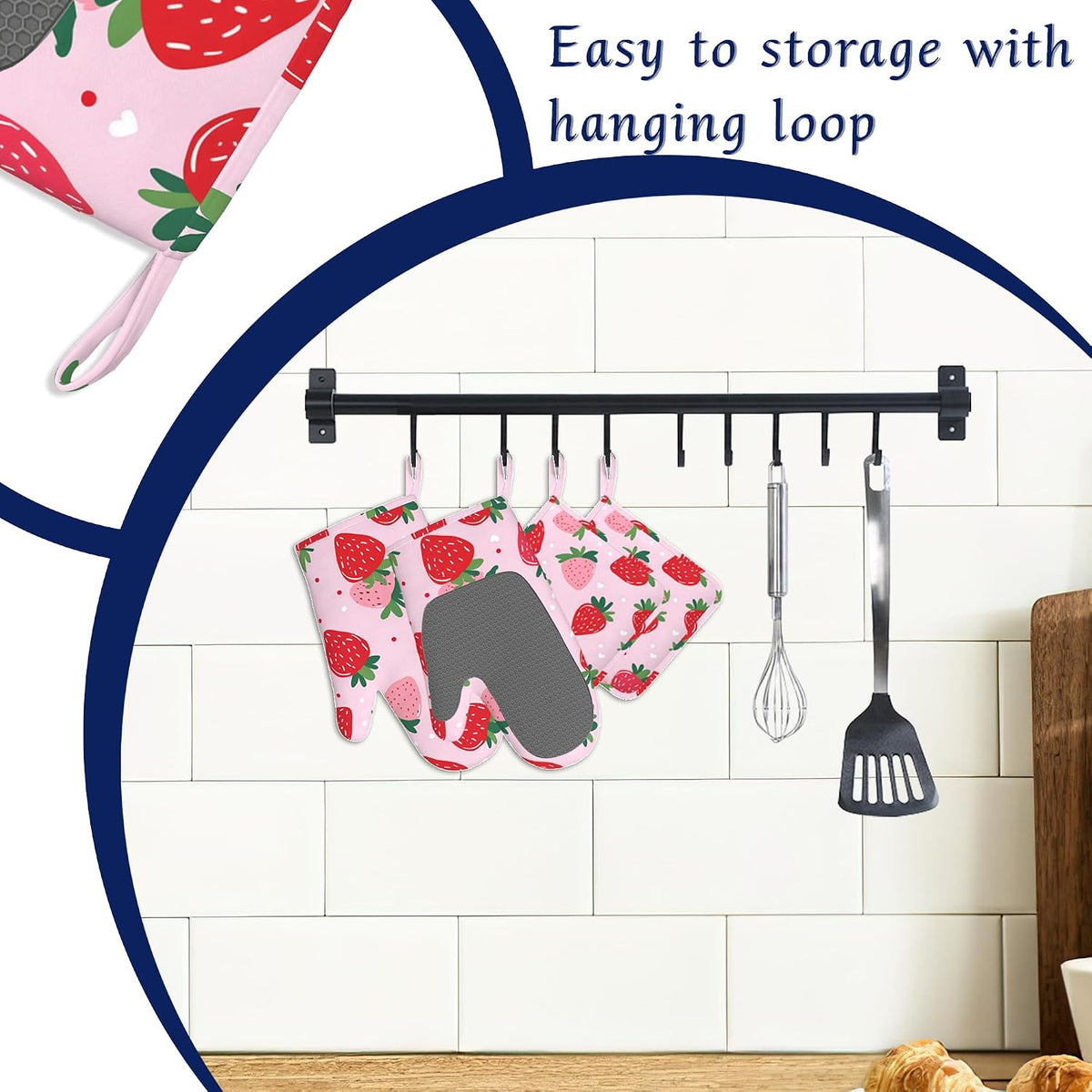 Pink Cute Strawberry Potholders & Oven Mitts Sets Summer Fruits Silicone Heat Resistant Oven Mits and Hot Pads Non-Slip Pot Holders Gloves for Kitchen Chef Cooking Baking Grilling BBQ