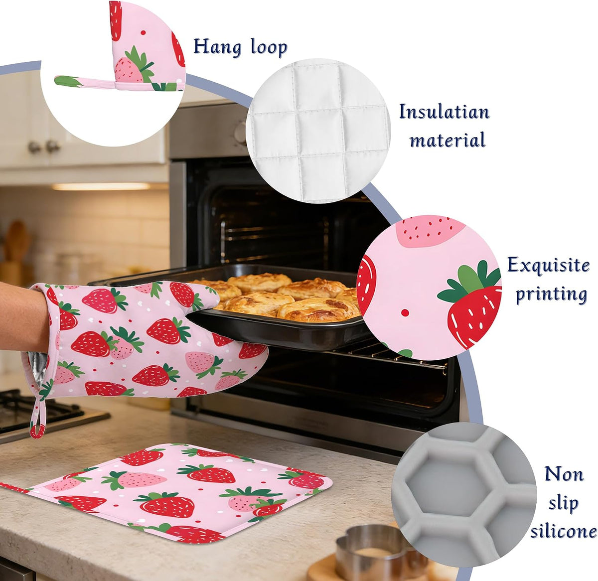 Pink Cute Strawberry Potholders & Oven Mitts Sets Summer Fruits Silicone Heat Resistant Oven Mits and Hot Pads Non-Slip Pot Holders Gloves for Kitchen Chef Cooking Baking Grilling BBQ