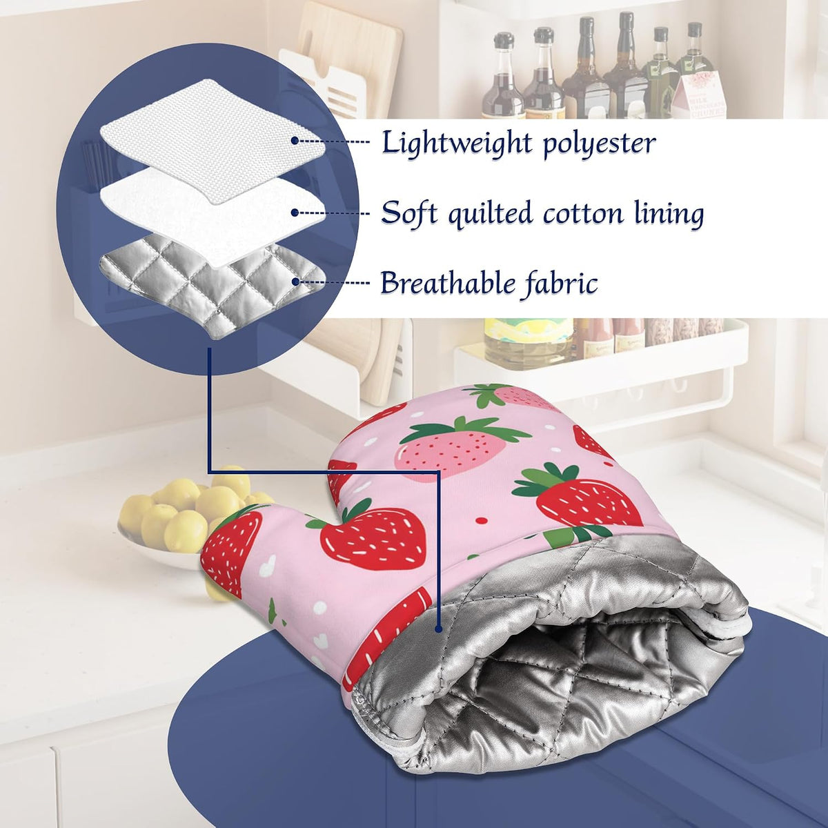 Pink Cute Strawberry Potholders & Oven Mitts Sets Summer Fruits Silicone Heat Resistant Oven Mits and Hot Pads Non-Slip Pot Holders Gloves for Kitchen Chef Cooking Baking Grilling BBQ