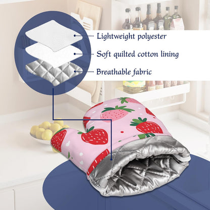 Pink Cute Strawberry Potholders & Oven Mitts Sets Summer Fruits Silicone Heat Resistant Oven Mits and Hot Pads Non-Slip Pot Holders Gloves for Kitchen Chef Cooking Baking Grilling BBQ