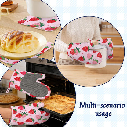 Pink Cute Strawberry Potholders & Oven Mitts Sets Summer Fruits Silicone Heat Resistant Oven Mits and Hot Pads Non-Slip Pot Holders Gloves for Kitchen Chef Cooking Baking Grilling BBQ