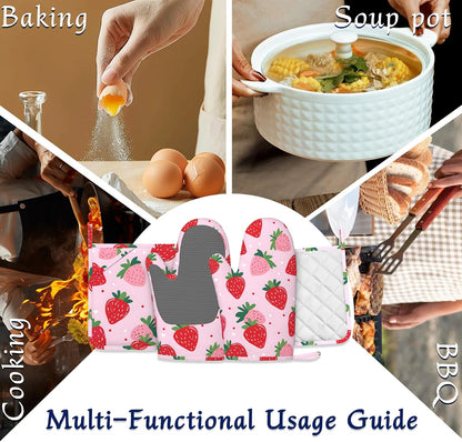 Pink Cute Strawberry Potholders & Oven Mitts Sets Summer Fruits Silicone Heat Resistant Oven Mits and Hot Pads Non-Slip Pot Holders Gloves for Kitchen Chef Cooking Baking Grilling BBQ