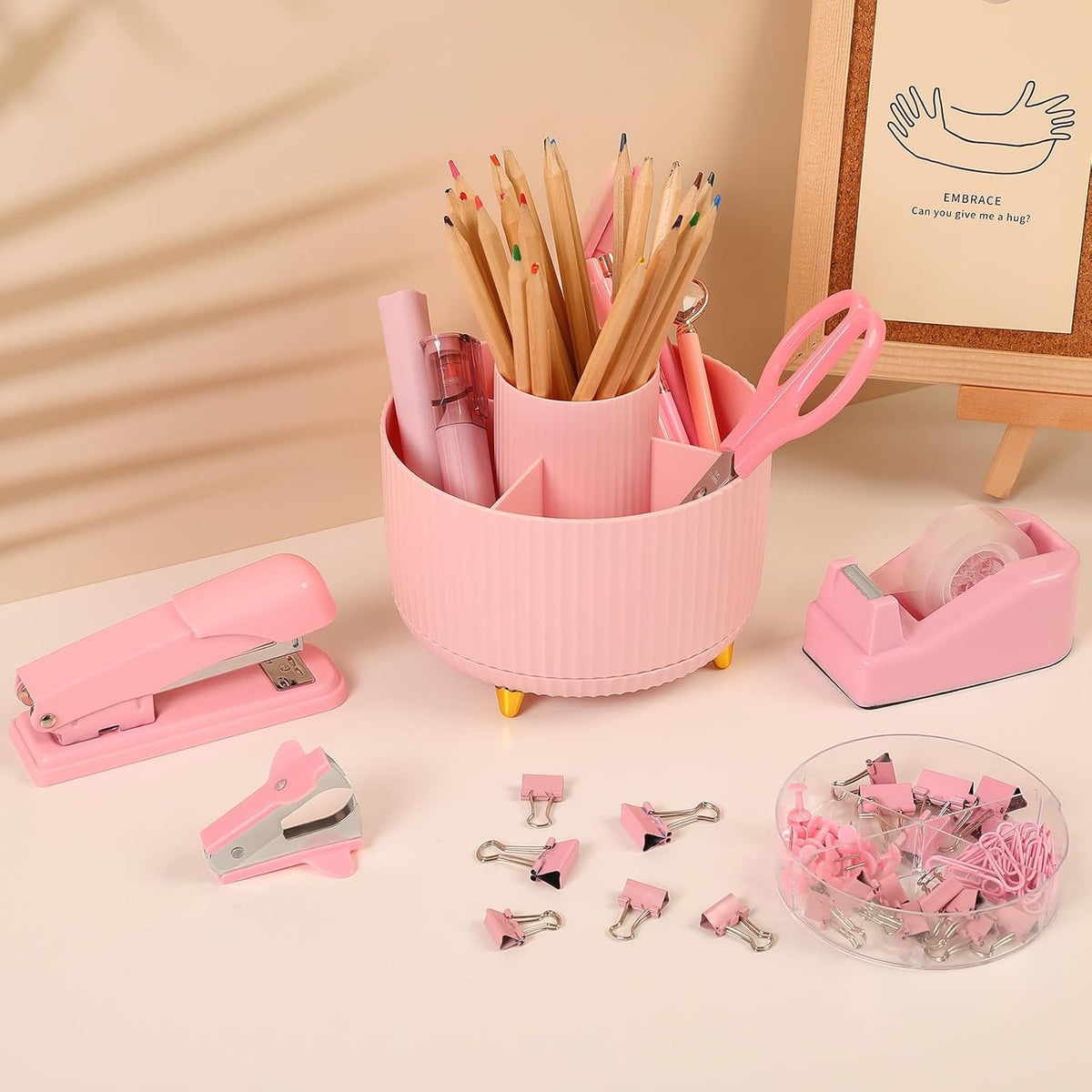 Pink Desk Accessories 11Pcs with Rotating Pen Holder for Desk